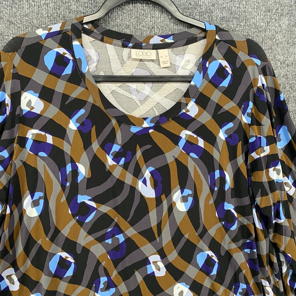 LOGO Lori Goldstein Tunic Top Womens XL Blue Brown Geometric Lagenlook Hippie‎ - Picture 2 of 8